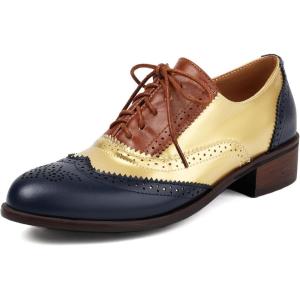 imageSHEMEE Womens Chunky Low Heels Oxfords Saddle Shoes Creeper Vintage Wingtip Brogues Perforated Flats Lace Up Pumps103 Gold
