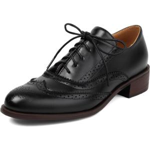 imageSHEMEE Womens Chunky Low Heels Oxfords Saddle Shoes Creeper Vintage Wingtip Brogues Perforated Flats Lace Up PumpsBlack