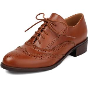 imageSHEMEE Womens Chunky Low Heels Oxfords Saddle Shoes Creeper Vintage Wingtip Brogues Perforated Flats Lace Up PumpsBrown