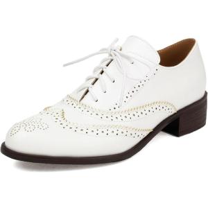 imageSHEMEE Womens Chunky Low Heels Oxfords Saddle Shoes Creeper Vintage Wingtip Brogues Perforated Flats Lace Up PumpsWhite