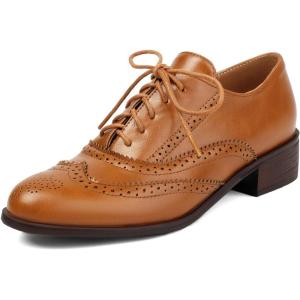 imageSHEMEE Womens Chunky Low Heels Oxfords Saddle Shoes Creeper Vintage Wingtip Brogues Perforated Flats Lace Up PumpsYellow