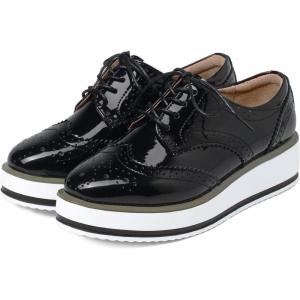 imageSHEMEE Womens Platform Low Heels Flat Lace Up Wingtip Oxfords Pumps Wedge Vintage Round Toe Brogues Dress ShoesBlack Patent