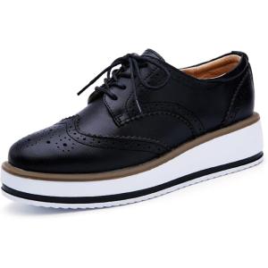imageSHEMEE Womens Platform Low Heels Flat Lace Up Wingtip Oxfords Pumps Wedge Vintage Round Toe Brogues Dress ShoesBlack Pu