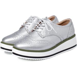 imageSHEMEE Womens Platform Low Heels Flat Lace Up Wingtip Oxfords Pumps Wedge Vintage Round Toe Brogues Dress ShoesSilver Pu