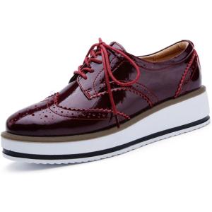 imageSHEMEE Womens Platform Low Heels Flat Lace Up Wingtip Oxfords Pumps Wedge Vintage Round Toe Brogues Dress ShoesWine Red Patent