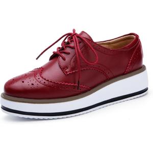 imageSHEMEE Womens Platform Low Heels Flat Lace Up Wingtip Oxfords Pumps Wedge Vintage Round Toe Brogues Dress ShoesWine Red Pu