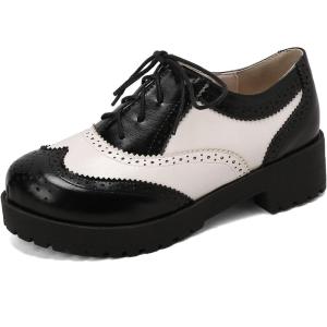 imageSHEMEE Patent Leather Chunky Mid Heels Wingtip Oxfords Lug Sole Brogues Platform Saddle Shoes for WomenPu White