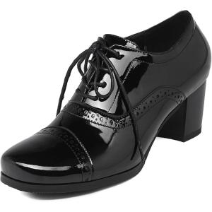 imageSHEMEE Womens Chunky Lace Up Vintage Oxfords Dress Pumps Round Toe Block Mid Heels Retro Brogues ShoesBlack Patent