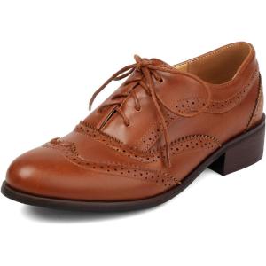imageSHEMEE Womens Chunky Low Heels Oxfords Saddle Shoes Creeper Vintage Wingtip Brogues Perforated Flats Lace Up Derby Shoes106 Brown