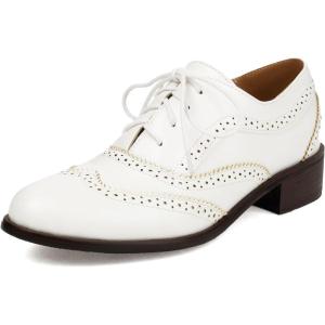 imageSHEMEE Womens Chunky Low Heels Oxfords Saddle Shoes Creeper Vintage Wingtip Brogues Perforated Flats Lace Up Derby Shoes106 White