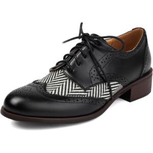 imageSHEMEE Womens Chunky Low Heels Oxfords Saddle Shoes Creeper Vintage Wingtip Brogues Perforated Flats Lace Up Derby Shoes107 Black