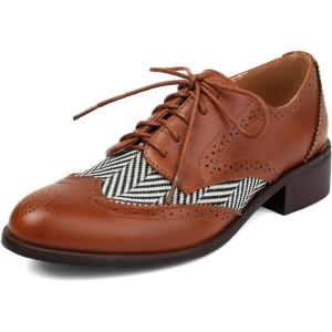 imageSHEMEE Womens Chunky Low Heels Oxfords Saddle Shoes Creeper Vintage Wingtip Brogues Perforated Flats Lace Up Derby Shoes107 Brown