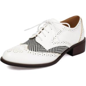 imageSHEMEE Womens Chunky Low Heels Oxfords Saddle Shoes Creeper Vintage Wingtip Brogues Perforated Flats Lace Up Derby Shoes107 White
