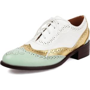 imageSHEMEE Womens Chunky Low Heels Oxfords Saddle Shoes Creeper Vintage Wingtip Brogues Perforated Flats Lace Up Multi Color Derby Shoes102 Green