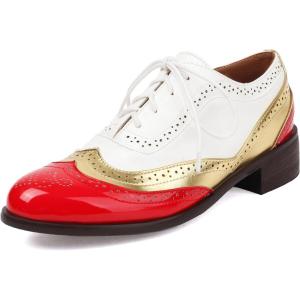 imageSHEMEE Womens Chunky Low Heels Oxfords Saddle Shoes Creeper Vintage Wingtip Brogues Perforated Flats Lace Up Multi Color Derby Shoes102 Red