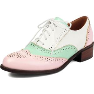 imageSHEMEE Womens Chunky Low Heels Oxfords Saddle Shoes Creeper Vintage Wingtip Brogues Perforated Flats Lace Up Multi Color Derby Shoes103 Pink