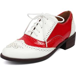 imageSHEMEE Womens Chunky Low Heels Oxfords Saddle Shoes Creeper Vintage Wingtip Brogues Perforated Flats Lace Up Multi Color Derby Shoes103 Red