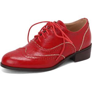 imageSHEMEE Womens Chunky Low Heels Oxfords Saddle Shoes Creeper Vintage Wingtip Brogues Perforated Flats Lace Up Multi Color Derby Shoes104 Red