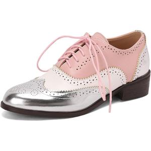 imageSHEMEE Womens Chunky Low Heels Oxfords Saddle Shoes Creeper Vintage Wingtip Brogues Perforated Flats Lace Up Multi Color Derby Shoes104 Silver