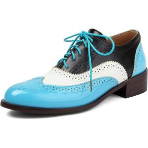 imageSHEMEE Womens Chunky Low Heels Oxfords Saddle Shoes Creeper Vintage Wingtip Brogues Perforated Flats Lace Up Multi Color Derby Shoes105 Blue