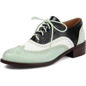 imageSHEMEE Womens Chunky Low Heels Oxfords Saddle Shoes Creeper Vintage Wingtip Brogues Perforated Flats Lace Up Multi Color Derby Shoes105 Green