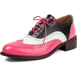 imageSHEMEE Womens Chunky Low Heels Oxfords Saddle Shoes Creeper Vintage Wingtip Brogues Perforated Flats Lace Up Multi Color Derby Shoes105 Hot Pink