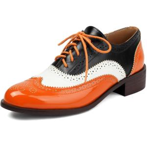 imageSHEMEE Womens Chunky Low Heels Oxfords Saddle Shoes Creeper Vintage Wingtip Brogues Perforated Flats Lace Up Multi Color Derby Shoes105 Orange