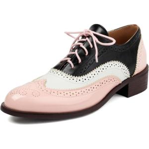 imageSHEMEE Womens Chunky Low Heels Oxfords Saddle Shoes Creeper Vintage Wingtip Brogues Perforated Flats Lace Up Multi Color Derby Shoes105 Pink