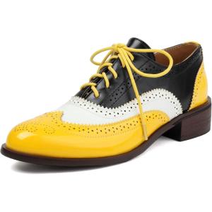 imageSHEMEE Womens Chunky Low Heels Oxfords Saddle Shoes Creeper Vintage Wingtip Brogues Perforated Flats Lace Up Multi Color Derby Shoes105 Yellow