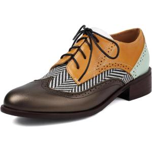 imageSHEMEE Womens Chunky Low Heels Oxfords Saddle Shoes Creeper Vintage Wingtip Brogues Perforated Flats Lace Up Multi Color Derby Shoes108 Grey