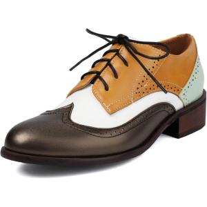 imageSHEMEE Womens Chunky Low Heels Oxfords Saddle Shoes Creeper Vintage Wingtip Brogues Perforated Flats Lace Up Multi Color Derby Shoes108 White