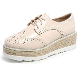 imageSHEMEE Womens Platform Heels Wedge Lace Up Oxfords Pumps Retro Wingtip High Heels Round Toe British Style Brogues Leisure Sneaker ShoesShiny Apricot
