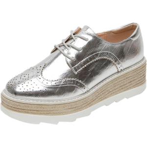 imageSHEMEE Womens Platform Heels Wedge Lace Up Oxfords Pumps Retro Wingtip High Heels Round Toe British Style Brogues Leisure Sneaker ShoesSilver
