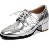 imageSHEMEE Womens British Oxford Brogues Chunky Low Heels Saddle Shoes Vintage Wingtip Perforated Derby Shoes Lace Up Dress PumpsSilver