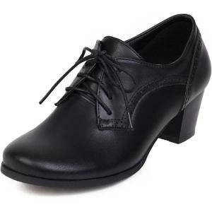imageSHEMEE Womens Chunky Mid Heels Oxfords Vintage Round Square Toe Block Heeled Brogues Lace Up Work Offic Dress ShoesBlack