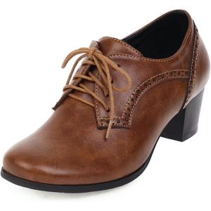 imageSHEMEE Womens Chunky Mid Heels Oxfords Vintage Round Square Toe Block Heeled Brogues Lace Up Work Offic Dress ShoesBrown