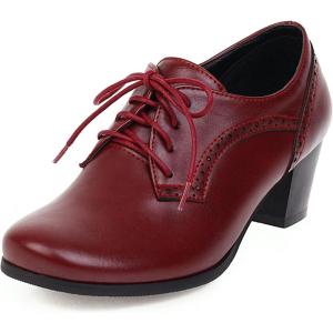 imageSHEMEE Womens Chunky Mid Heels Oxfords Vintage Round Square Toe Block Heeled Brogues Lace Up Work Offic Dress ShoesBurgundy