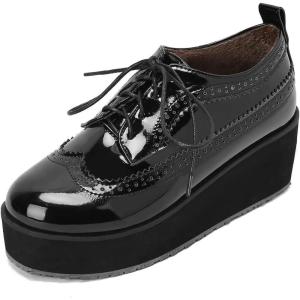 imageSHEMEE Womens Patent Leather Wedge Heel Platform Oxfords Pumps Wingtip Lace Up Round Toe Brogues Sneaker ShoesBlack