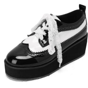 imageSHEMEE Womens Patent Leather Wedge Heel Platform Oxfords Pumps Wingtip Lace Up Round Toe Brogues Sneaker ShoesBlackWhite