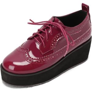 imageSHEMEE Womens Patent Leather Wedge Heel Platform Oxfords Pumps Wingtip Lace Up Round Toe Brogues Sneaker ShoesBurgundy