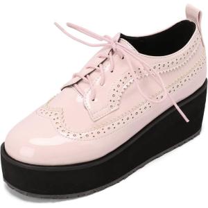 imageSHEMEE Womens Patent Leather Wedge Heel Platform Oxfords Pumps Wingtip Lace Up Round Toe Brogues Sneaker ShoesPink