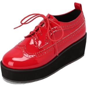 imageSHEMEE Womens Patent Leather Wedge Heel Platform Oxfords Pumps Wingtip Lace Up Round Toe Brogues Sneaker ShoesRed