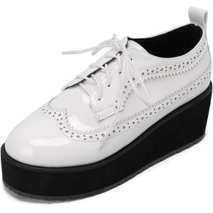 imageSHEMEE Womens Patent Leather Wedge Heel Platform Oxfords Pumps Wingtip Lace Up Round Toe Brogues Sneaker ShoesWhite