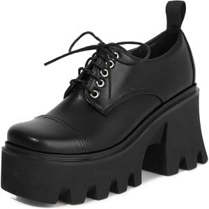 imageSHEMEE Womens Vintage Wingtip Oxfords Pumps Chunky Platform Block High Heel Round Toe Lace Up Gothic Brogue ShoesBlack 1