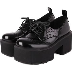 imageSHEMEE Womens Vintage Wingtip Oxfords Pumps Chunky Platform Block High Heel Round Toe Lace Up Gothic Brogue ShoesBlack