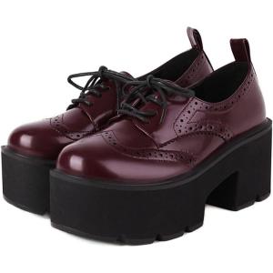 imageSHEMEE Womens Vintage Wingtip Oxfords Pumps Chunky Platform Block High Heel Round Toe Lace Up Gothic Brogue ShoesBurgundy