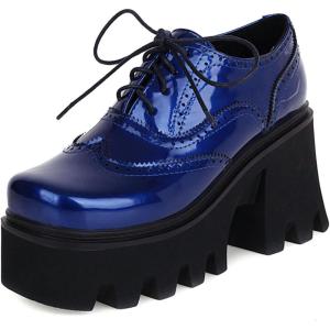 imageSHEMEE Womens Vintage Wingtip Oxfords Pumps Chunky Platform Block High Heel Round Toe Lace Up Gothic Brogue ShoesPatent Blue