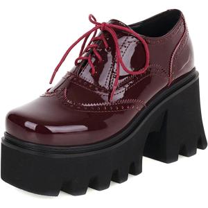 imageSHEMEE Womens Vintage Wingtip Oxfords Pumps Chunky Platform Block High Heel Round Toe Lace Up Gothic Brogue ShoesPatent Burgundy