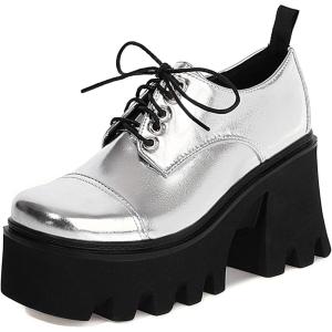 imageSHEMEE Womens Vintage Wingtip Oxfords Pumps Chunky Platform Block High Heel Round Toe Lace Up Gothic Brogue ShoesSilver 1