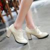 imageSHEMEE Retro Wingtip Oxfords for Women Chunky Block Heels Brogues Saddle Shoes Round Toe Lace Up Pumps Thick High Heeled BootiesBeige